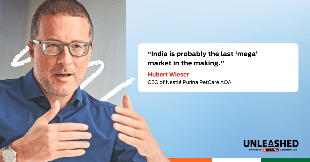 Quote graphic with photo: “India is probably the last ‘mega’ market in the making”. Hubert Wieser, CEO of Nestlé Purina PetCare AOA 