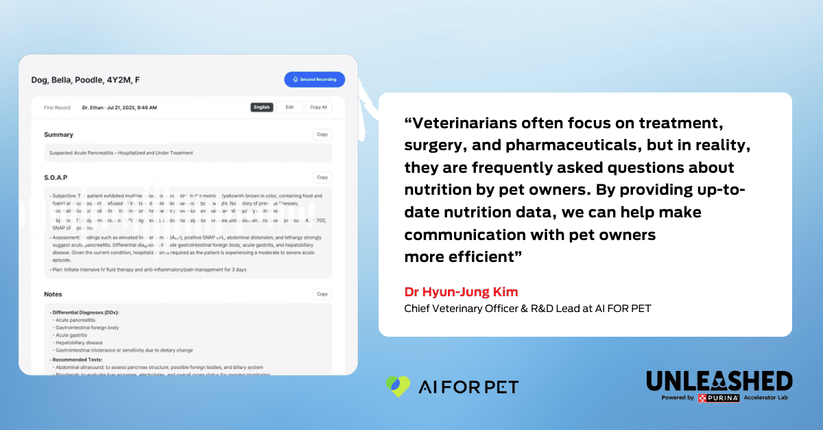 Quote graphic: “Veterinarians often focus on treatment, surgery, and pharmaceuticals, but in reality, they are frequently asked questions about nutrition by pet owners. By providing up-to-date nutrition data, we can help make communication with pet owners more efficient”. – Dr Hyun-Jung Kim, Chief Veterinary Officer & R&D Lead at AI FOR PET