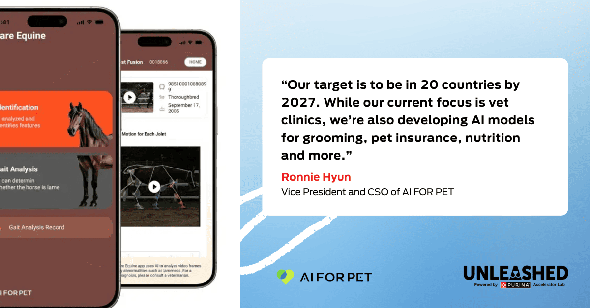 Quote graphic: “Our target is to be in 20 countries by 2027. While our current focus is vet clinics, we’re also developing AI models for grooming, pet insurance, nutrition and more”. Ronnie Hyun, Vice President and CSO of AI FOR PET